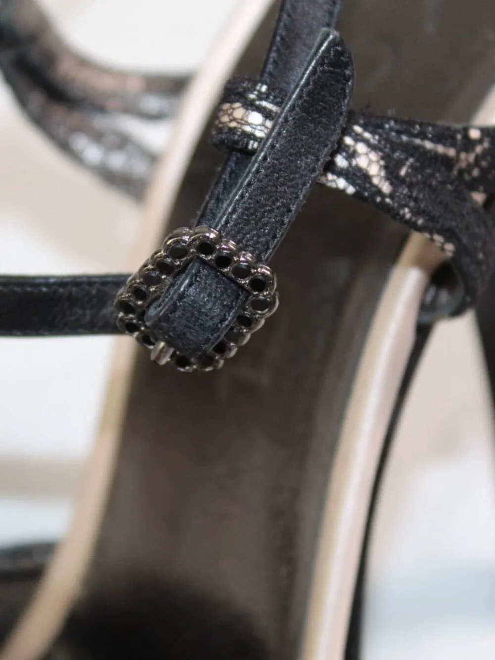 Chanel Black Lace Overlay Satin T-Strap Heels Pointed Toe Pumps 42